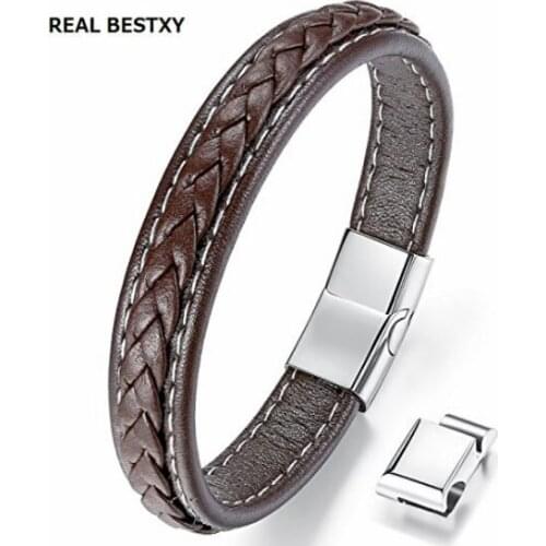 REAL BESTXY Promotion men bracelet bangle leather jewelry stainless steel clasp fashion accessories wholesale