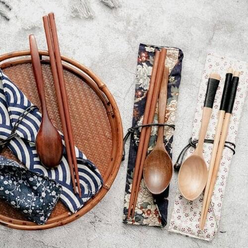 Japanese Wooden Chopsticks Spoon Tableware 2pc Set Travel Outdoor Eating Ware Vintage Wood Chopsticks Packing Bag Set