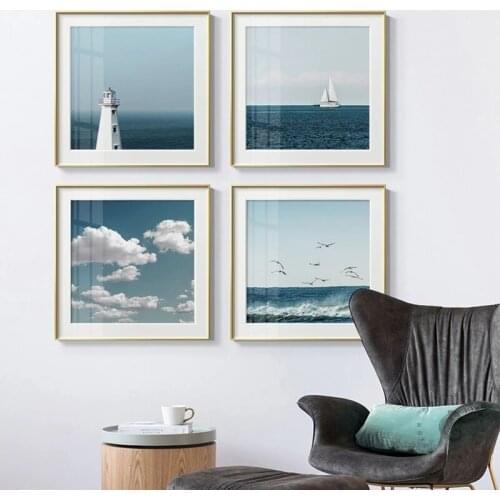 Nordic Modern Seascape Blue Sky Sea Cloud Landscape Canvas Paintings Posters and Prints Wall Art Pictures Home Decor Cuadros