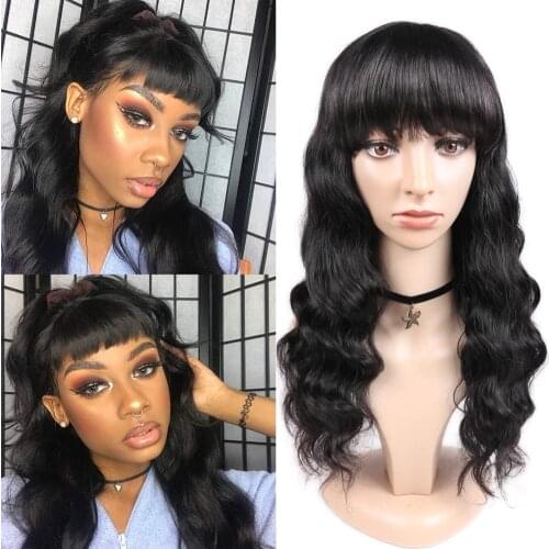 Human Hair Wigs Remy Loose Deep Wig With Free Bangs For Black Women 18 inches Natural Black FAVE Machine Made Wig 150% Density
