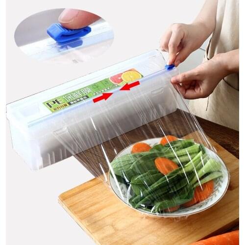 Plastic Food Wrap Dispenser with Slide Cutter Adjustable Cling Film Cutter Preservation Foil Storage Box with Suction Bottom Hot