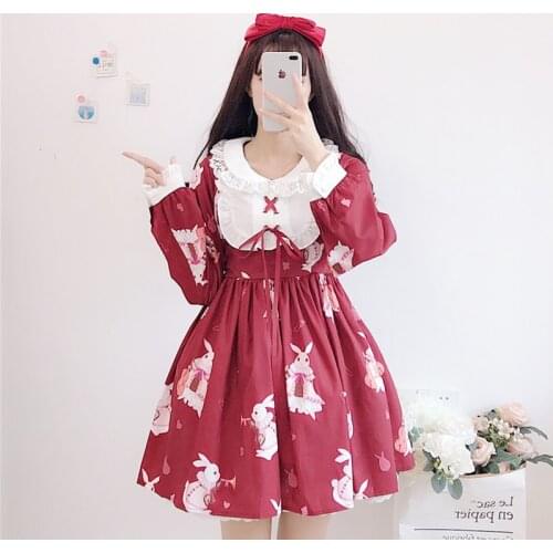 Lolita Dress Sweet Rabbit print Cute Japanese Kawaii Girls Princess Maid Vintage Gothic Printed Patterns Lace White Red dress