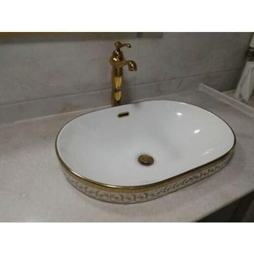 Semi Counter Europe Vintage Style Ceramic Art Basin Sinks Counter Top ceramic wash basin bathroom sinks gold color