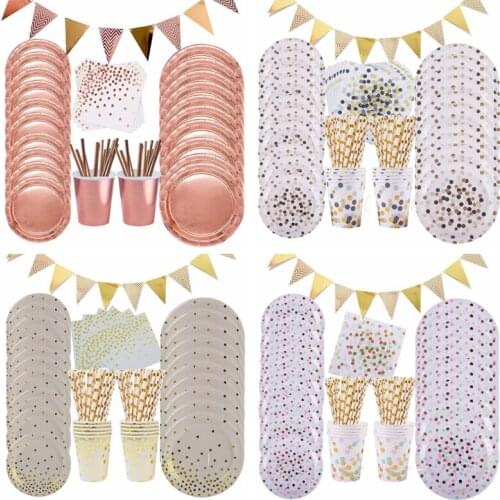 Rose Gold Foil Dots Tablewares Paper Towel Cup Plate Disposable set Adult Birthday Party Decor Wedding Tableware