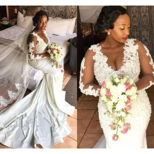 Mermaid African Wedding Dresses Long Sleeves 2021 Sexy Plus Size Bridal Dress Wedding Gowns Vestidos de Novia