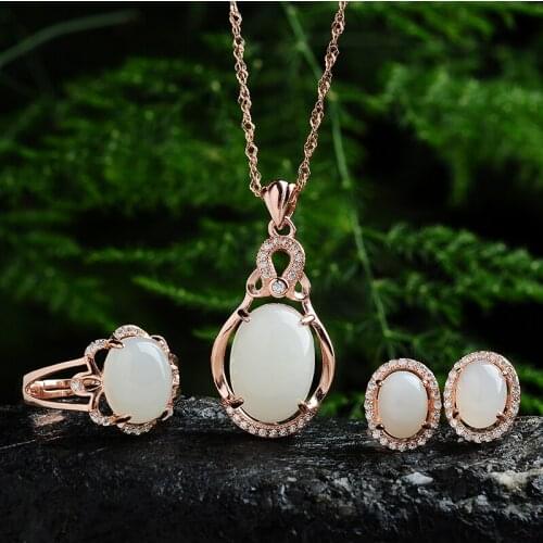 High-end jewelry and jyu inlaid silver 925 sets of natural yu pendant Ring Earrings Jewelry Set