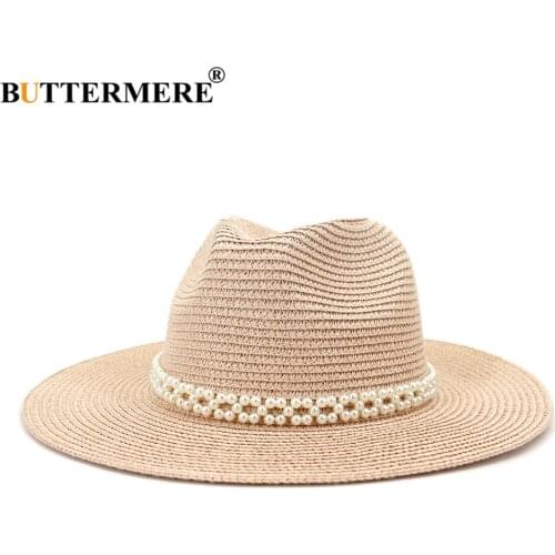 BUTTERMERE Panama Hat Stylish Straw Sun Hats for Women Pink Pearl Jazz Fedora Hat Summer Beach Ladies Trilby Wide Brim Hat