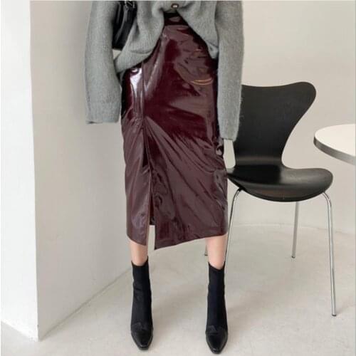 Fashion Patent PU leather pencil skirt women high waist package hip slpit mid calf elegant skirt