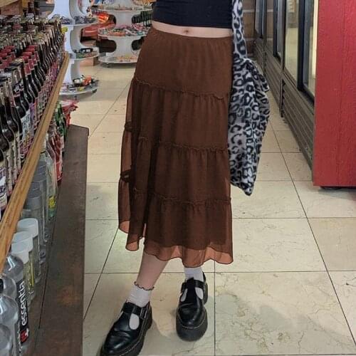 Brown Mesh Ruffles Skirts Y2K Low Waist Patchwork Midi Skirt A-line Indie Outfits Fashion 2021 Summer All-Match Chic
