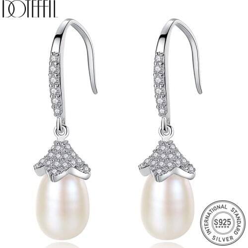 DOTEFFIL 925 Silver Pearl Earrings For Women Drop Earring AAA Zircon Inlay 7-8MM Natural Freshwater Pearl Fine Jewelry Lady Gift