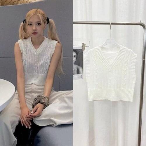 Kpop ROSE Summer Women Short Slim Knitted Sweater Sleeveless Women Sexy Strapless Vest Lady Streetwear V-Neck Pullover Waistcoat