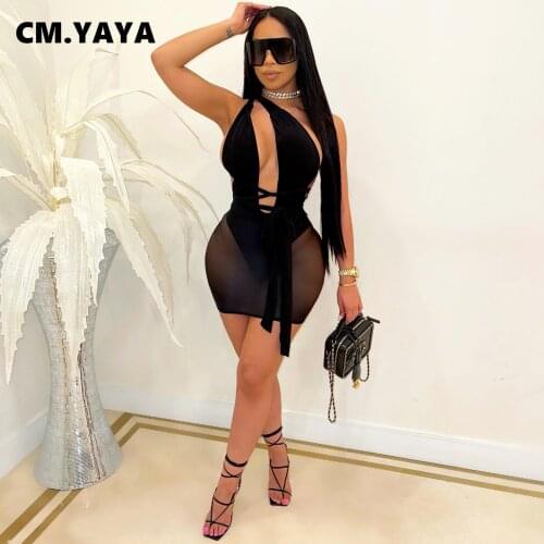 CM.YAYA Women Dress Solid Mesh See-through One Shoulder Cut Out Bandage Stretchy Mini Dresses Sexy Night Vestidos Summer Outfit