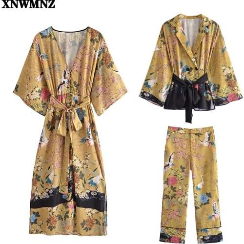 Za printed shirt with belt Dress Women v-neck long sleeve side vents button-up shirt midi robe Woman high-waist cropped trousers