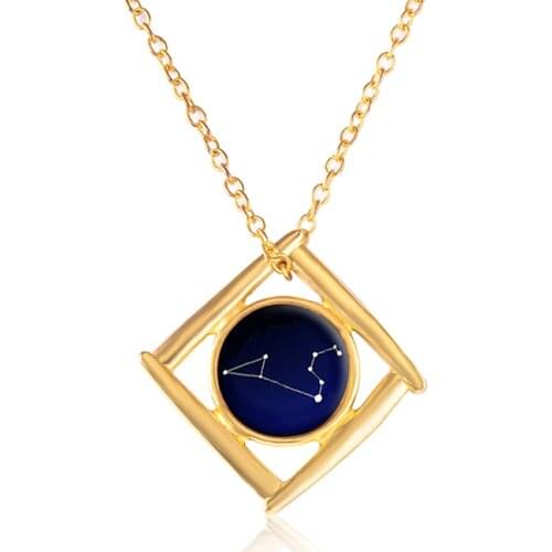 12 Constellation Cabochon Glass Necklace Zodiac Signs Gold Square Pendant Statement Necklaces For Women Birthday Gifts