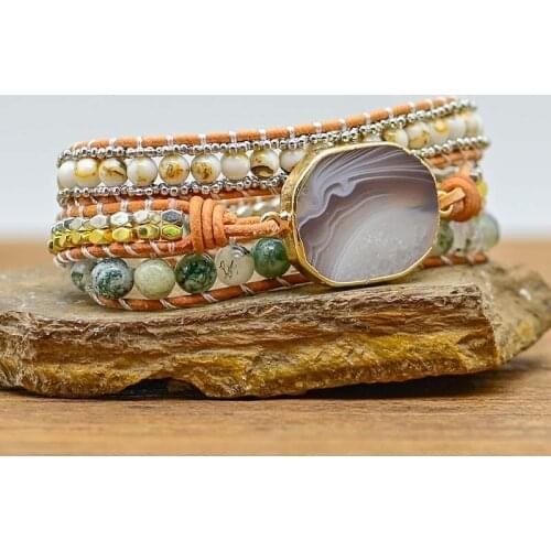 4Unik High End Women Bracelets Beaded Natural Stones Vintage Leather Wrap Bracelet Girl Beach Holiday Bracelets Femme 4UN-B332