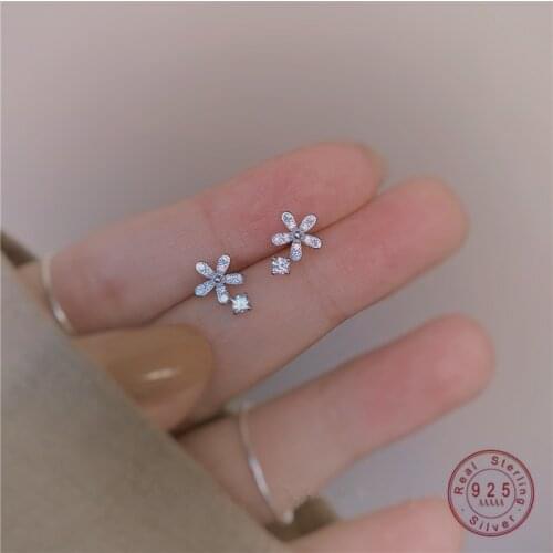 925 Sterling Silver Korean Crystal Flower Plating 14k Gold Stud Earrings Women Small Fresh Wild Daily Jewelry Accessories