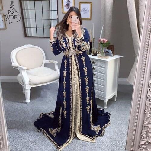 Arabic Muslim Navy Evening Dresses 2020 Embroidery Sleeves Moroccan Caftan Prom Dress Women Night Wear Formal Party Gowns