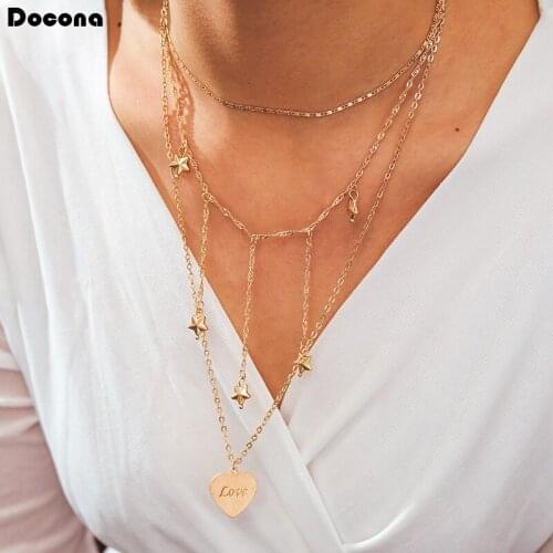 Docona Punk Heart LOVE Pendant Necklace women Geometric Star Gold color Chain Long Necklace Jewelery Gift Bijoux femme 9864