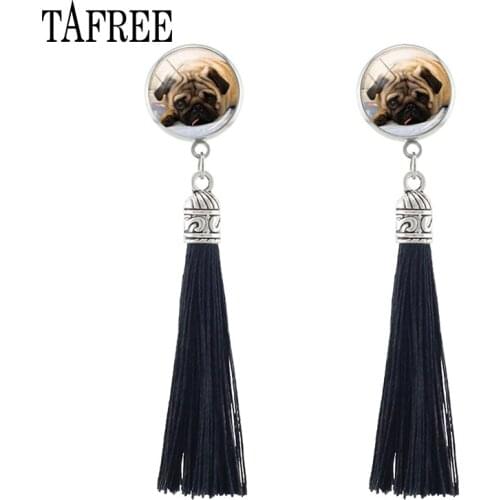 TAFREE Elegant Long Tassel Stud Earrings bulldog pug greyhound Picture Handmade Fringed Earrings Fashion Jewelry NS267 01-25