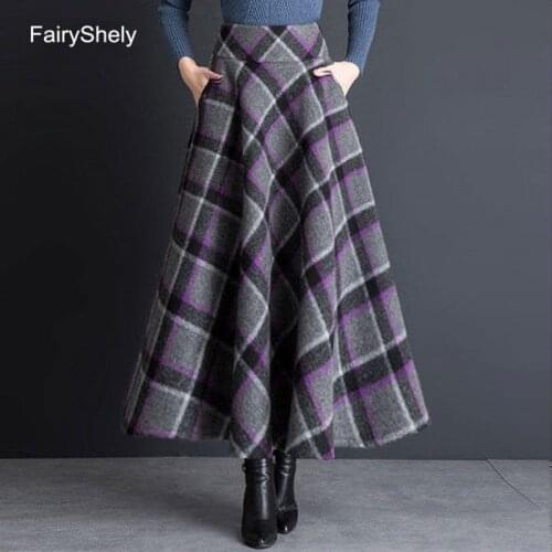 FairyShely 2020 High Waist Plaid Pleated Skirt Women Vintage Pocket Woolen Plus Size Maxi Skirt female Korean Tweed Long Skirt