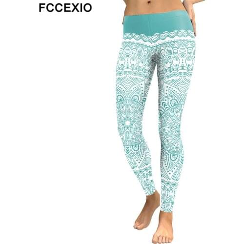 FCCEXIO 2019 Autumn and Winter New Arrival Women Leggings Aztec Round Ombre Flower Printed Fitness Leggins Green Work Out Pants