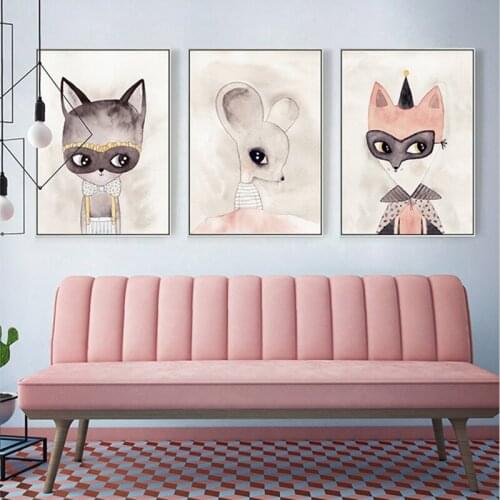 Modern Pinky Cute Cartoon Animals Fox Angel Girl Wall Art Canvas Painting Posters Nursery Print Picture Kid Baby Room Home Decor