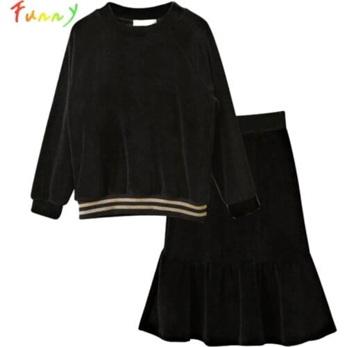 4 to 14 Years Toddler Girl Clothes Set Black Velour Long Sleeve Tops + Fishtail Flare Skirt 2 Pieces Sets Girls Fall Outfits