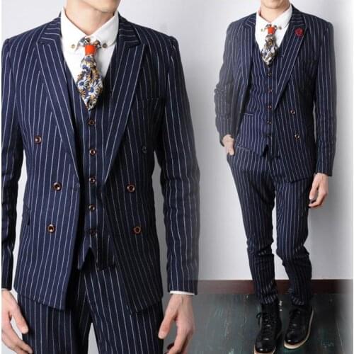 Terno slim fit mens clothing male fashion stripe slim double breasted suit set formal dress men wedding suits + vest + pant