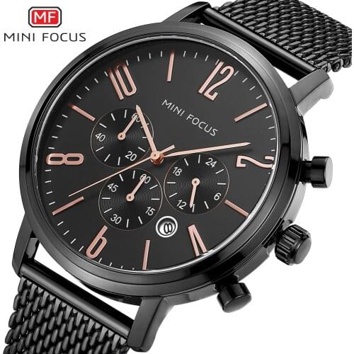 MINIFOCUS Chronograph Mens Quartz-watch Stainless steel Mesh Band Watch Casual Men Multi-function Sports Watches montre homme