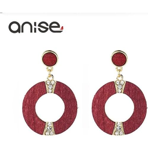 Anise Fashion Wine Red Geometric Crystal Stud Earrings Wood Round Pendant Earrings Woman Boucle D'oreille Jewelry