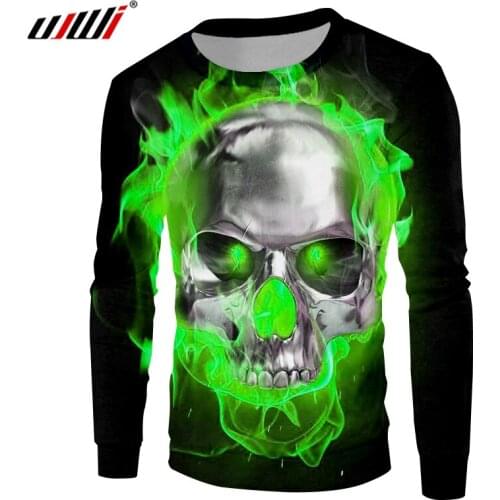 UJWI Man Hip Hop Green Flame Skulls Sweatshirt 3D Printed Street Clothing Mens Personality Punk Rock Big Size Pullover