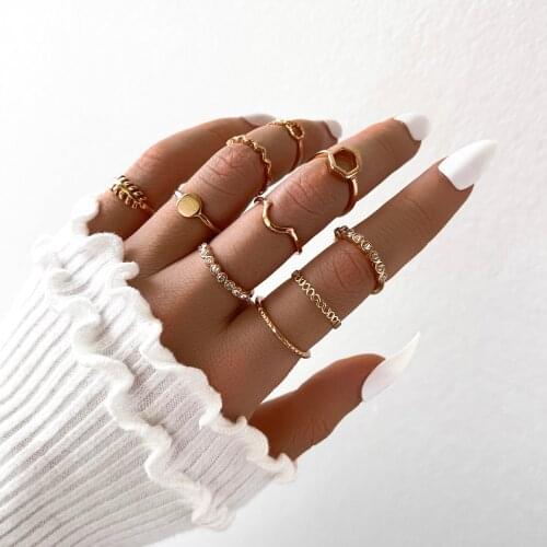 Aprilwell 10 PCs Gold Color Luxury Shining Rings Sets For Women 2021 Aesthetic Lady Trendy Clothing Jewelry Gift For Friend Girl