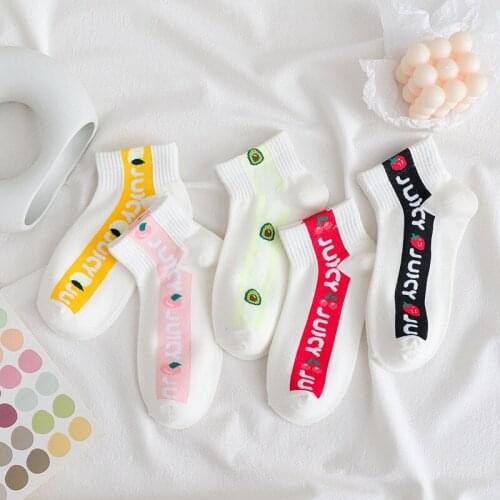 Korea white socks women crew cotton new cute fruit avocado strawberry cherry letter sox street sweet Kawaii girls short socks