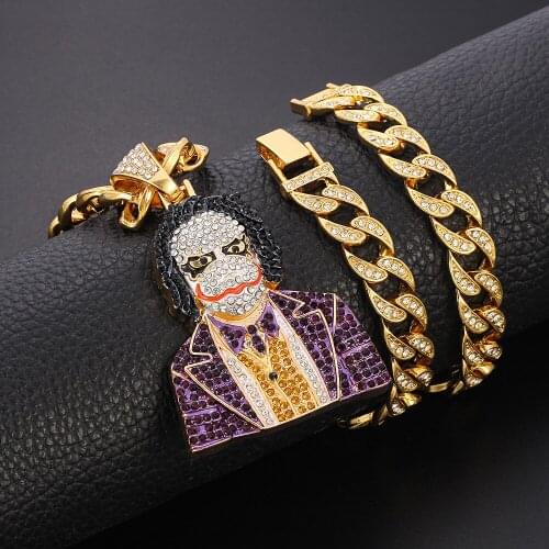 Luxury Necklace for Men Women Hip Hop Iced Out Bling Halloween Clown Pendant Necklace Miami Cuban Link Chain Choker Jewelry Gift