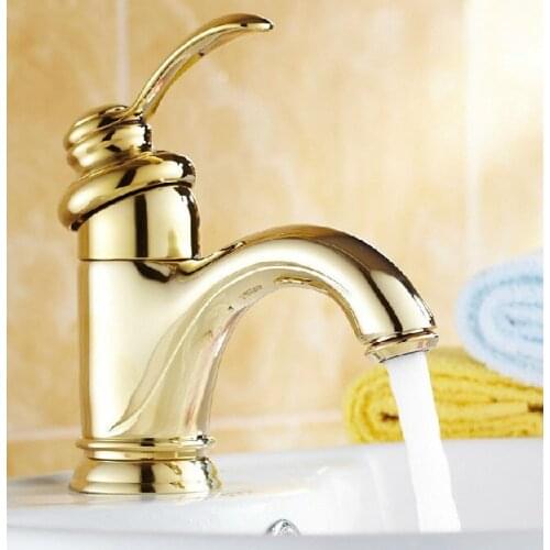 Luxury Polished Gold Color Brass Bathroom Vessel Sink Basin Mixer Tap Faucet One Hole Single Handle mnf230