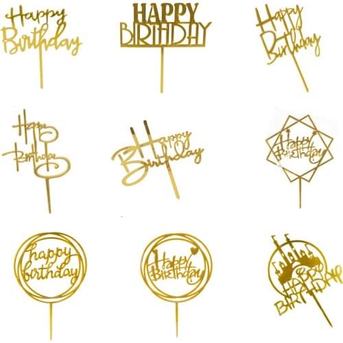10PCS Gold Acrylic Cake Toppers Happy Birthday Cake Topper For Kids Birthday Party Baby Shower Decoration Cupcake Flag Supplies