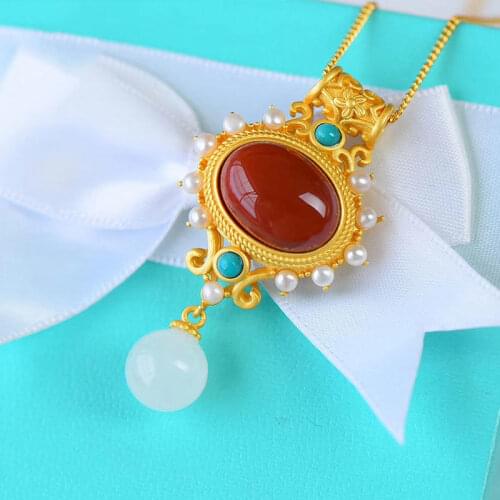 Sweater Chain Womens Autumn and Winter Generous Southern Red Agate Necklace Retro Elegant Palace Style Necklace Womens Sterlin