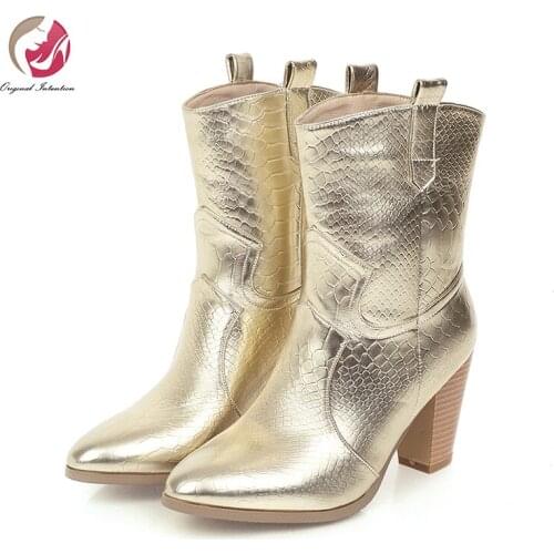 Original Intention Super Sexy Gold Silver Black Pointed Toe Chunky Heels Ankle Boots Woman Party Gorgeous Shoes Female Silver