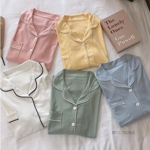 Womens Pajamas Sets Pure Color Femme Nighty Winter Thick Casual Sleepwear Cotton Girls Turn-down Collar Cute Nightwear