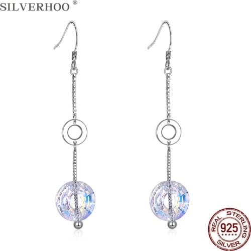 SILVERHOO 925 Sterling Silver Drop Earrings For Women Large And Small ring Austria Crystal Party Earrings Simple Gift Hot Sale
