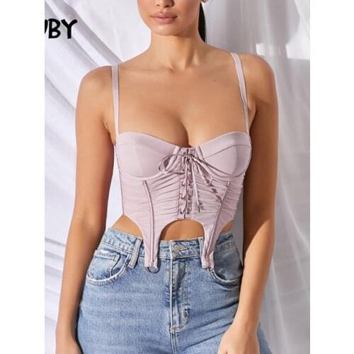 Sruby Sexy Mesh Lace Up Crop Top Women Summer Spaghetti Strap Top Vintage Womens Tank Top T Shirt Short Party Tops Woman Clothes