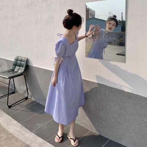 Dresses Lady Casual Loose Korean Mid-Calf V-Neck Vestidos Femme Summer New High Waisted Pullover Women Dress Lace Up Solid
