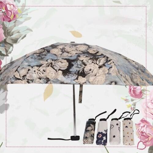 JESSE KAMM Mini Pocket Five Folding Umbrella Black Gel Sunscreen Anti-color Umbrella Pattern Blue Flower Rose For Women