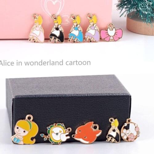 10pcs Diy Korean Hot Selling Cartoon Fox Alice Girl Earrings Necklace Pendant Alloy Drop Oil Jewelry Accessories Wholesale