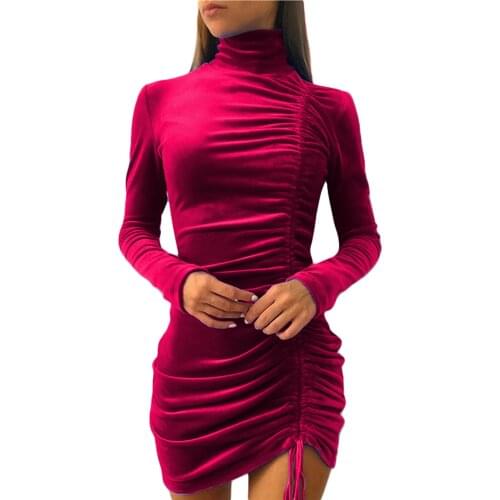 2021 Womens Casual Long Sleeve Skinny Dress Fashion Solid Color Drawstring Pleated Short Dress