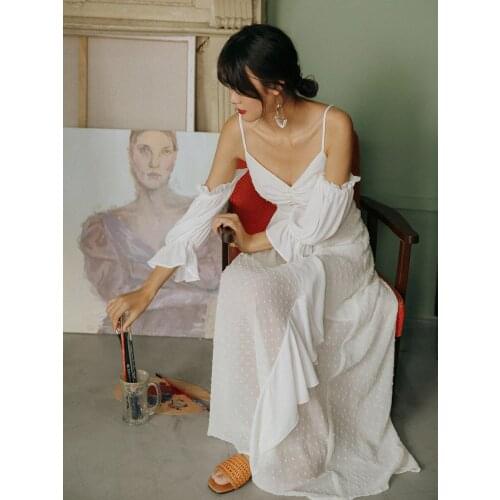 Balinese Beach Skirt for Womens Summer White Super Fairy Thai Ruffle Suspender Skirt for Travel