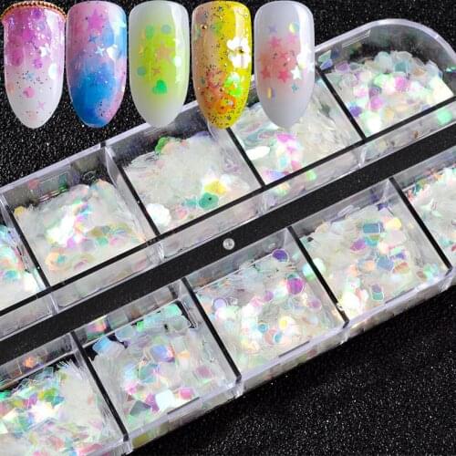 12 Case Mermaid Nail Sequins Shiny Mixed Holo Paillette Moon Star Lovely Shape Nail Art Decorations Transparent Polish Manicure