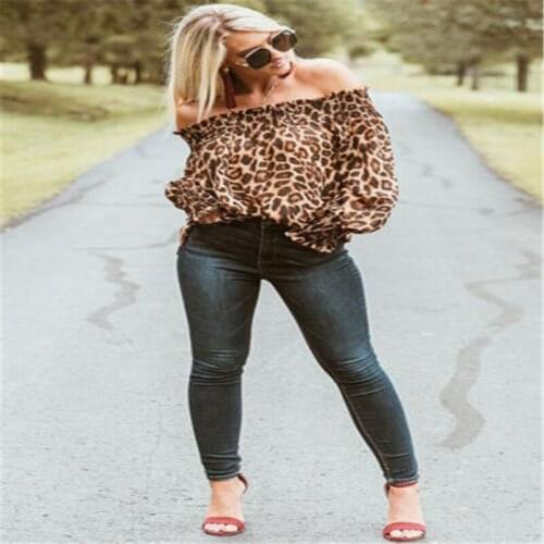 Women blouse shirt Women Classical Leopard Print Sexy Off Shoulder Tops Puff Long Sleeve Blouse Top wo