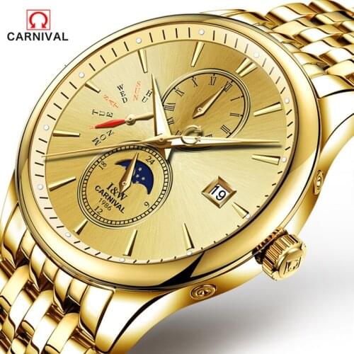 CARNIVAL 2018 Men Watches Luxury Top Brand Sport Mechanical Watch Gold Clock Men Automatic Wristwatch With Moon Phase Full Steel
