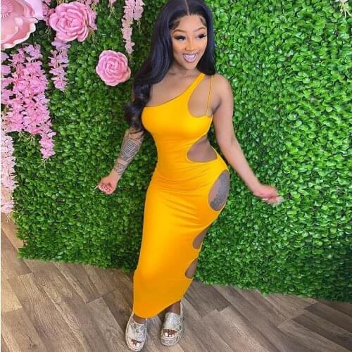 Hirigin Sexy Side Cutout One Shoulder Maxi Dresses for Women 2021 Party Night Club Outfits Bodycon Long Dress 2021